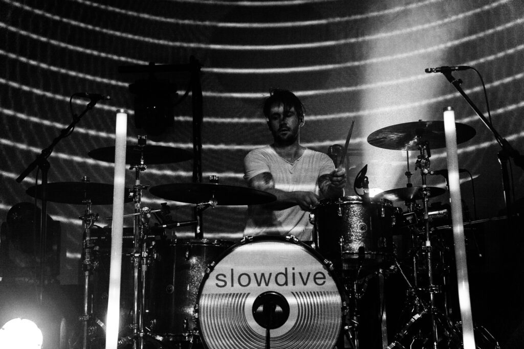 Slowdive drummer, Simon Scott, Manchester Academy. 27/2/24. Pic by Freya Barber.